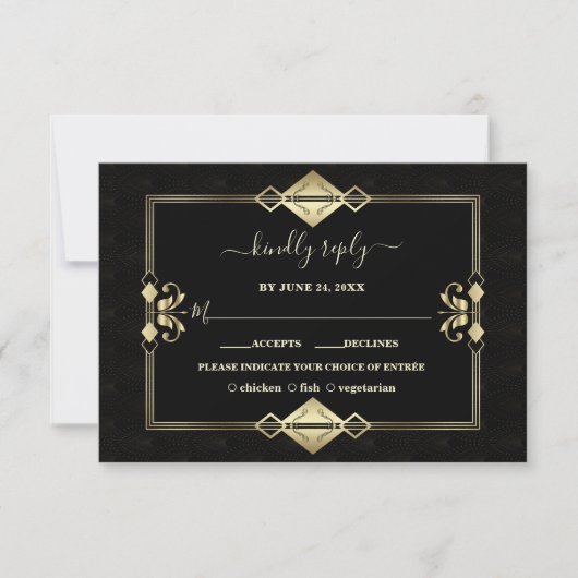 Luxury Gold Black Art Deco Fleur-de-Lis Wedding RSVP Karte (Vorderseite)