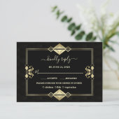 Luxury Gold Black Art Deco Fleur-de-Lis Wedding RSVP Karte (Stehend Vorderseite)