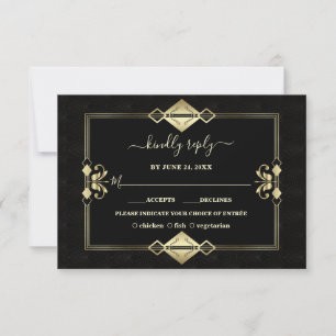 Luxury Gold Black Art Deco Fleur-de-Lis Wedding RSVP Karte