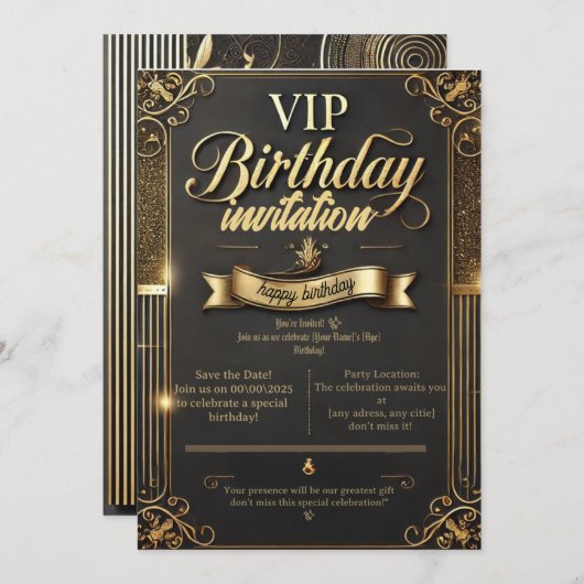 Luxury Gold & Black Birthday Party Einladung (Vorne/Hinten)