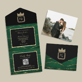 Luxury Gold Black Emerald Green Monogram Wedding All In One Einladung