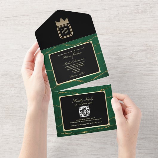 Luxury Gold Black Emerald Green Monogram Wedding All In One Einladung (Abreißen)