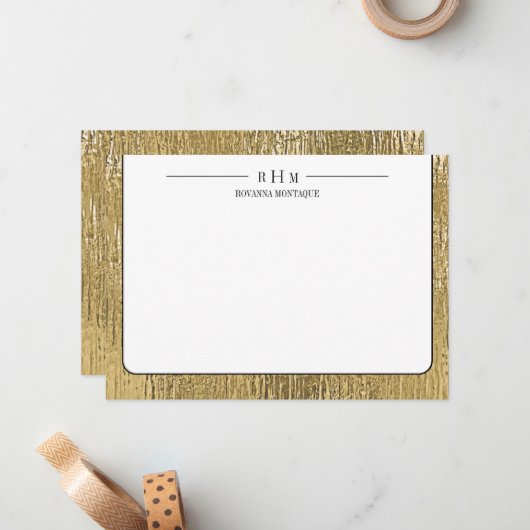 Luxury Gold Black Texture Lined Name Three Initial Mitteilungskarte (Vorderseite/Rückseite Beispiel)