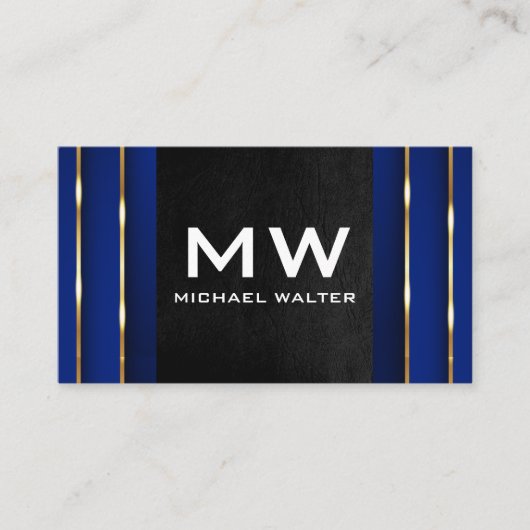 Luxury Gold Blue Background | Schwarzleder Visitenkarte (Vorderseite)