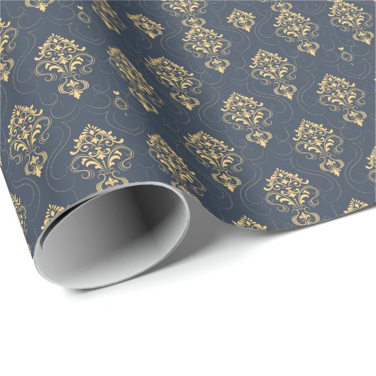 Luxury Gold Blue Damask Vector Muster Geschenkpapier (Rolleneckpunkt)