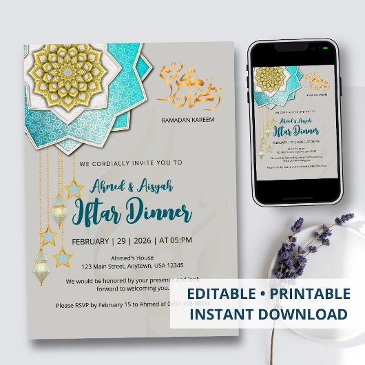 Luxury Gold & Blue Ramadan Iftar Invitation Einladung