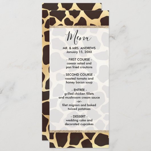 Luxury Gold Brown Giraffe Tierdruckmuster Menükarte (Vorne/Hinten)