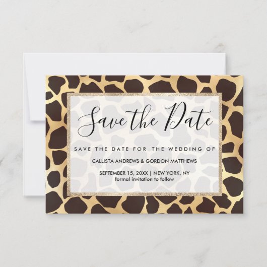 Luxury Gold Brown Giraffe Tierdruckmuster Save The Date (Vorderseite)