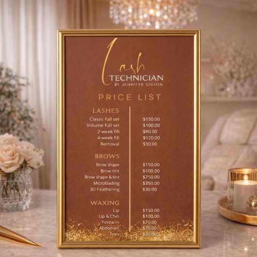 Luxury Gold & Brown Lash Tech Price List Poster