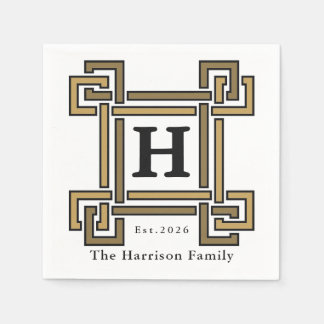 Luxury Gold Charcoal Monogram Family Name Serviette