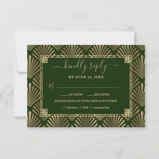 Luxury Gold Dark Green Art Deco Hochzeit RSVP Karte (Vorderseite)