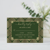 Luxury Gold Dark Green Art Deco Hochzeit RSVP Karte (Stehend Vorderseite)