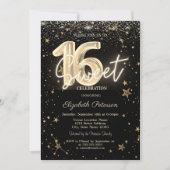 Luxury Gold Diamonds Stars Black Sweet 16 Einladung (Vorderseite)