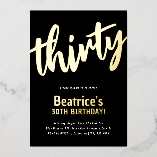 Luxury Gold 'dreißig' Erwachsenenmeilenstein 30. G Folieneinladung (Vorderseite)