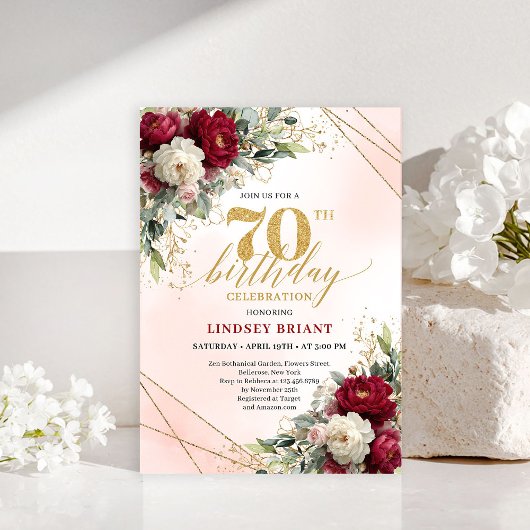 Luxury Gold Floral 70 Years Young Birthday Invite Einladung