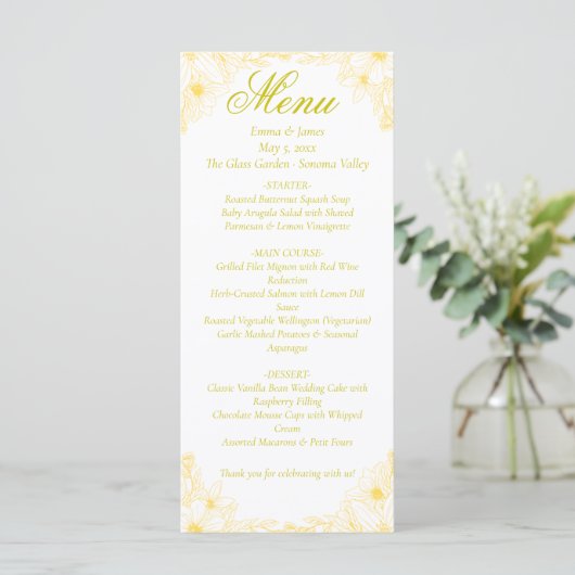 Luxury Gold Floral Wedding Card Menükarte (Stehend Vorderseite)