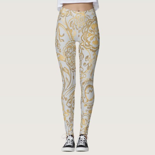 Luxury Gold Florals Soft Grey Leggings (Vorderseite)
