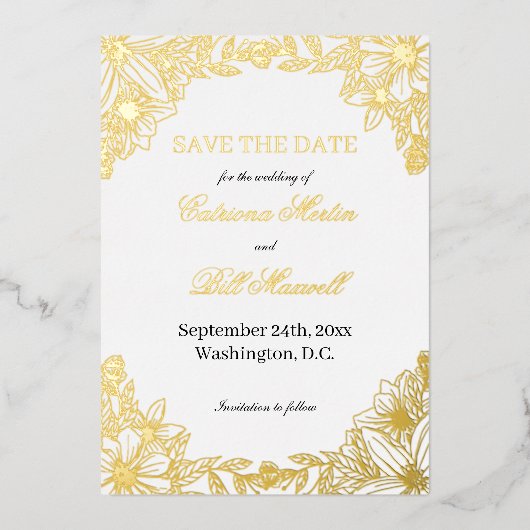 Luxury Gold Foil Floral Save The Date Card Folieneinladung (Vorderseite)