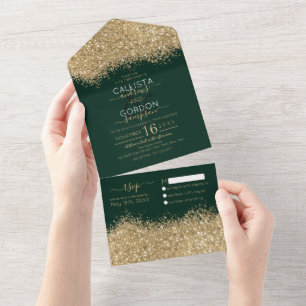 Luxury Gold Forest Green Glitzer Confetti Wedding All In One Einladung