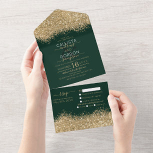 Luxury Gold Forest Green Glitzer Confetti Wedding All In One Einladung