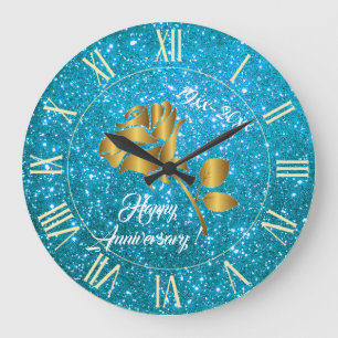 Luxury Gold Glitter Blue Floral Gift Große Wanduhr