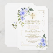 Luxury Gold Glitzer Blue Flowers Boy Bestätigung Einladung (Vorne/Hinten)