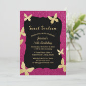 Luxury Gold Glitzer Butterflies Sweet 16 Einladung (Stehend Vorderseite)