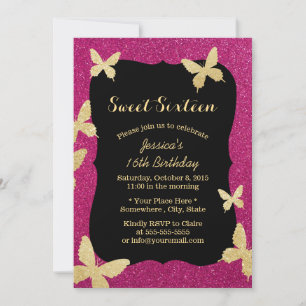 Luxury Gold Glitzer Butterflies Sweet 16 Einladung