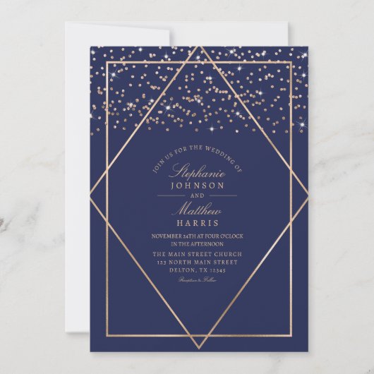 Luxury Gold Glitzer Confetti Navy Blue Wedding Einladung (Vorderseite)