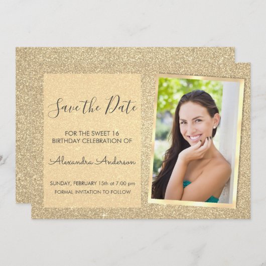 Luxury Gold Glitzer Sweet 16 Save the Date Einladung (Vorne/Hinten)
