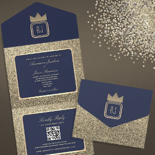 Luxury Gold Glitzer und Navy Blue QR Code Hochzeit All In One Einladung