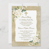Luxury Gold Glitzer White Blume Erste Kommune Einladung (Vorderseite)