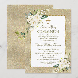 Luxury Gold Glitzer White Blume Erste Kommune Einladung