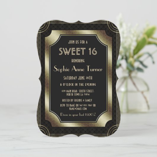Luxury Gold Great Gatsby Art Deco 1920s SWEET 16 Einladung (Stehend Vorderseite)