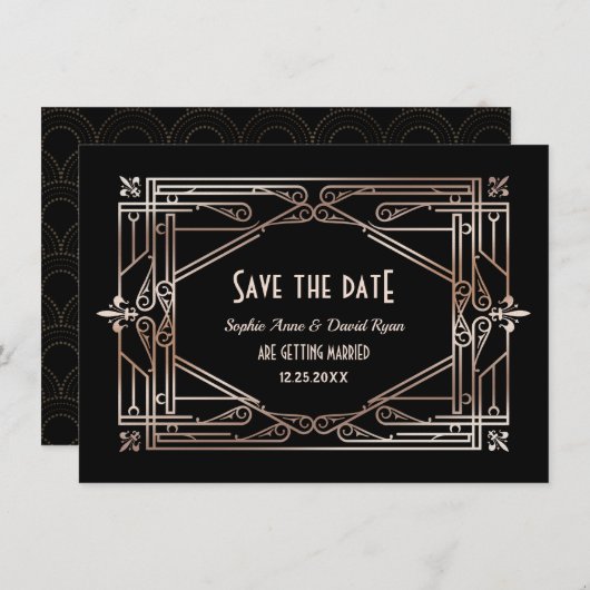Luxury Gold Great Gatsby Art Deco 20er Hochzeit Save The Date (Vorne/Hinten)