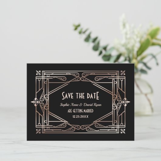 Luxury Gold Great Gatsby Art Deco 20er Hochzeit Save The Date (Stehend Vorderseite)