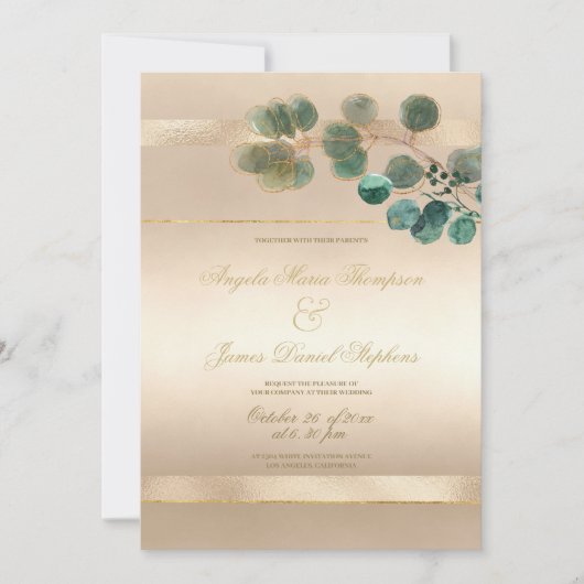 Luxury gold green eucalyptus leaves wedding  einladung (Vorderseite)