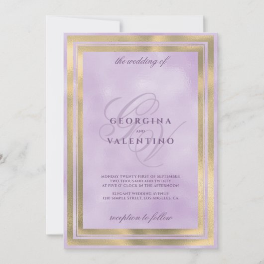 Luxury gold lavender monogram initials wedding einladung (Vorderseite)