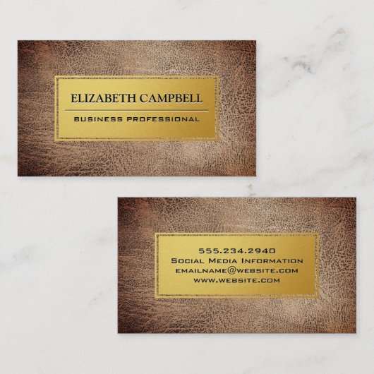 Luxury Gold Metal Plate | Brown Leather Visitenkarte (Vorne/Hinten)