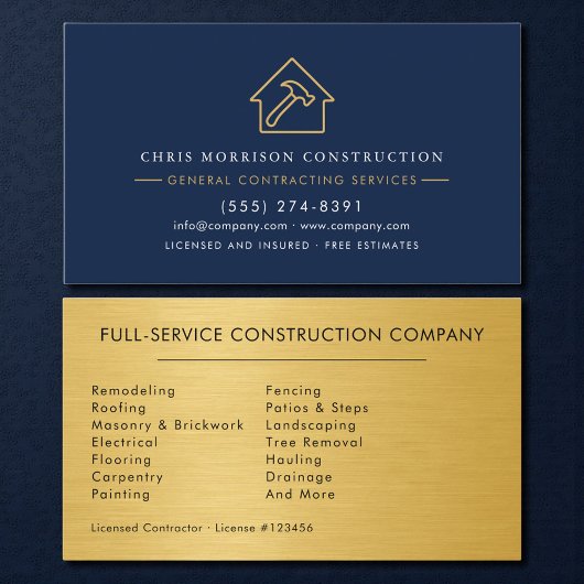 Luxury Gold Metallic Navy Blue Construction Visitenkarte