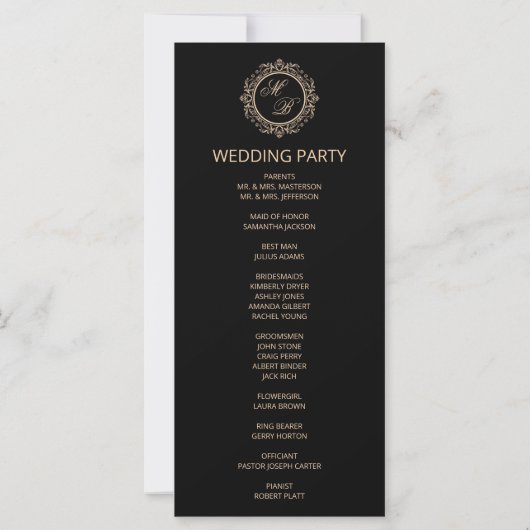 Luxury Gold Monogram Black Wedding Menu Card (Rückseite)
