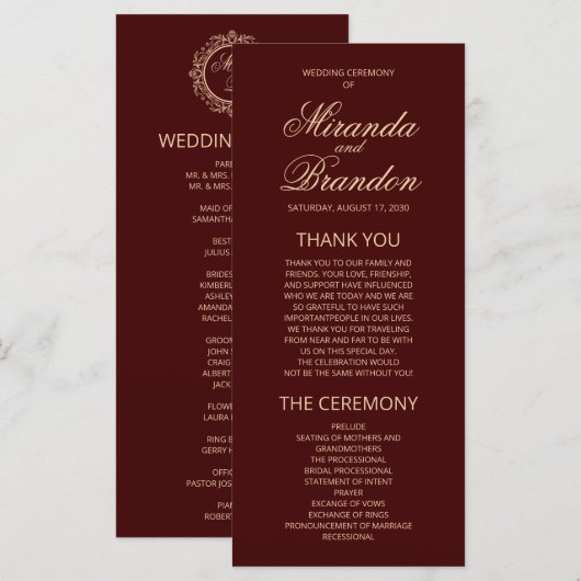 Luxury Gold Monogram Burgundy Wedding Program Card (Vorne/Hinten)
