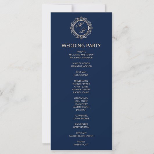 Luxury Gold Monogram Navy Blue Wedding Program (Rückseite)
