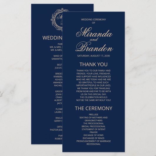 Luxury Gold Monogram Navy Blue Wedding Program (Vorne/Hinten)