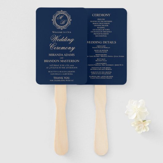 Luxury Gold Monogram Navy Blue Wedding Program Fächer (Vorne und Hinten)