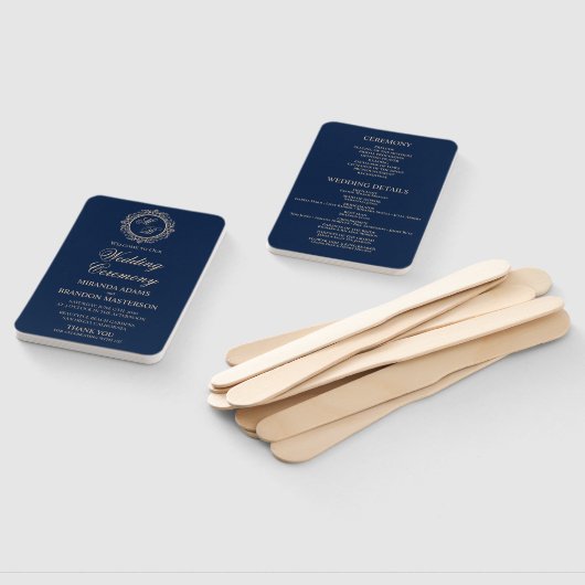 Luxury Gold Monogram Navy Blue Wedding Program Fächer (Non-assembled)