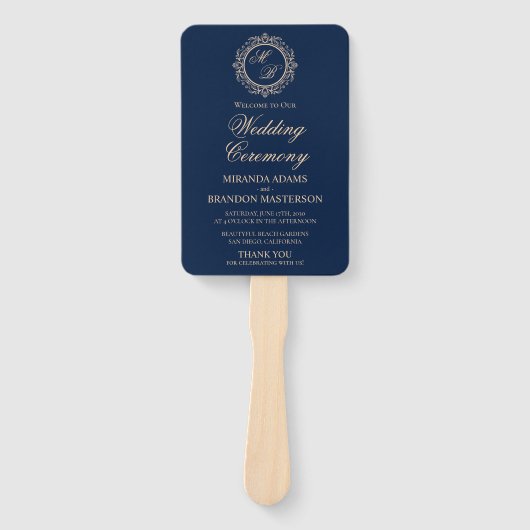 Luxury Gold Monogram Navy Blue Wedding Program Fächer (Vorderseite)