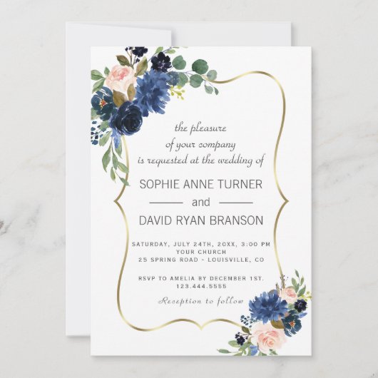 Luxury Gold Navy Blush Blume Blütenhochzeit Einladung (Vorderseite)