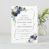 Luxury Gold Navy Blush Blume Blütenhochzeit Einladung (Stehend Vorderseite)