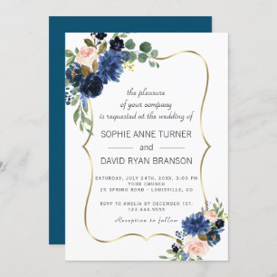 Luxury Gold Navy Blush Blume Blütenhochzeit Einladung